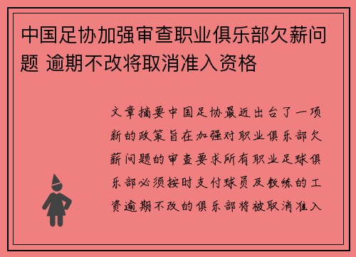中国足协加强审查职业俱乐部欠薪问题 逾期不改将取消准入资格