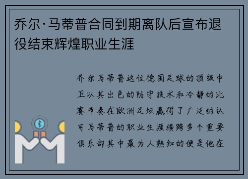 乔尔·马蒂普合同到期离队后宣布退役结束辉煌职业生涯
